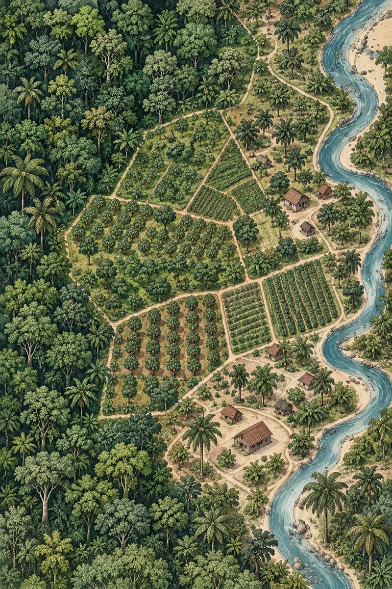 Illustrated cacao fields, forest, paths and a river, with an example plot boundary.